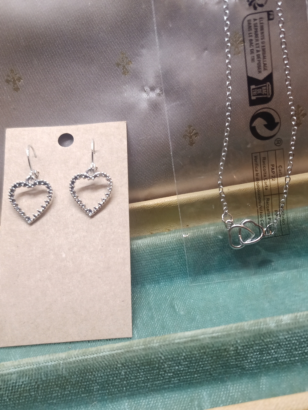 Silver Heart Drop Earrings and Interlocking Heart Necklace Set - Silver Tone